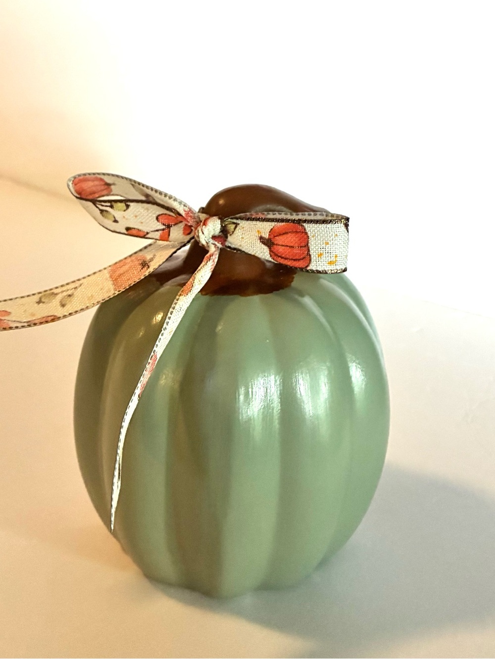 Green Ceramic Pumpkin Decor with Fall Bow